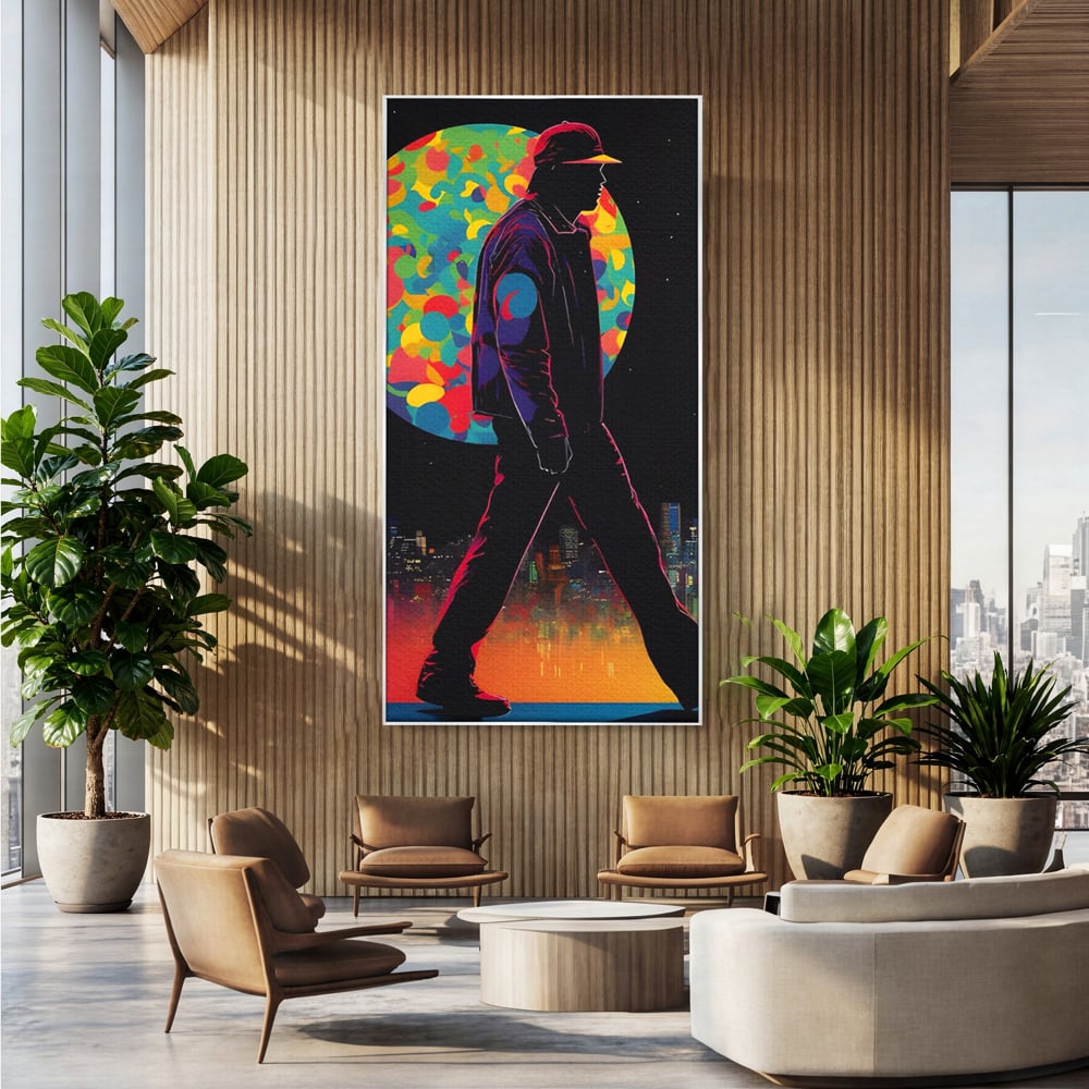 Tablou canvas cu tablou vertical cu silueta de barbat si oras, in rama de aluminiu argintiu, pe perete intr-un birou
